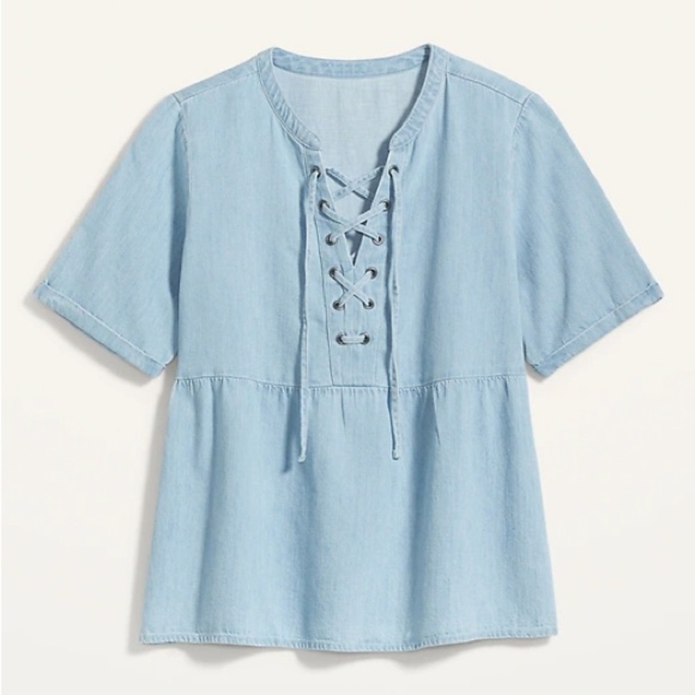 Old Navy Light Wash Lace-Up Denim Chambray Top